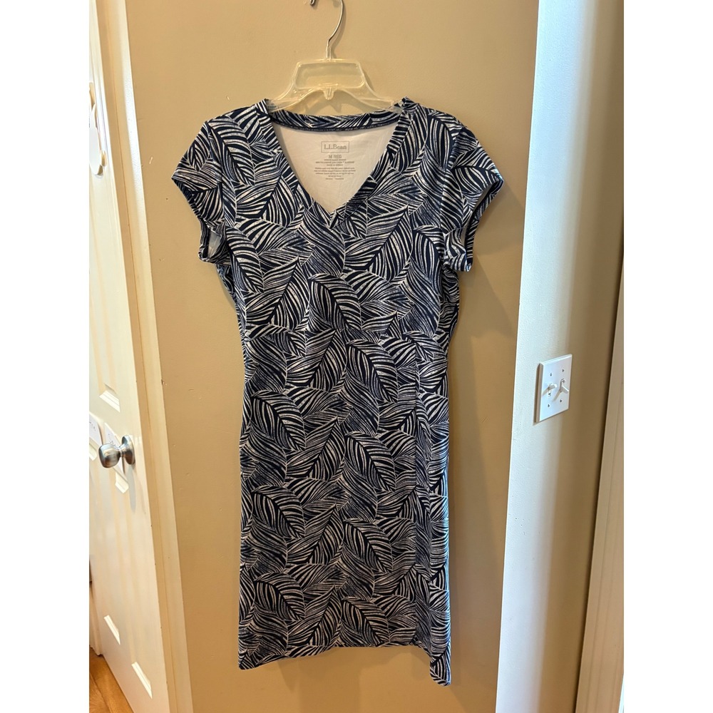 LL Bean Navy White Palm Leaf V-Neck T-Shirt Dress Medium Regular 506818